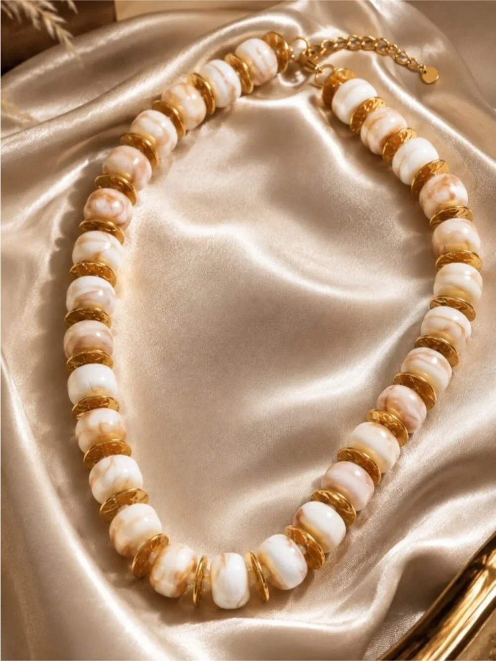 Cream and Gold Marble Resin Bead Necklace